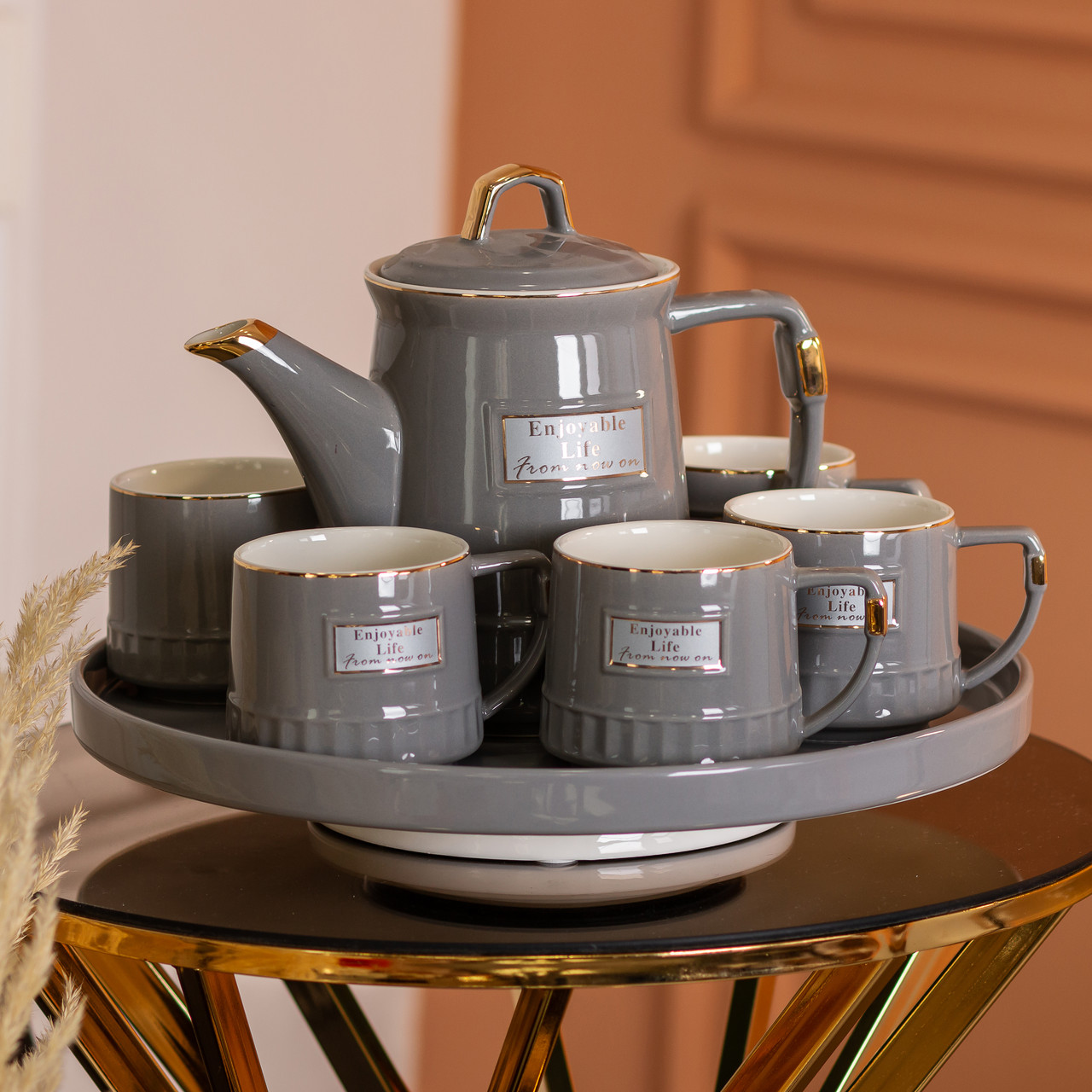 Керамічний чайний сервіз на 6 персон із чашками, чайником і тацею в сучасному дизайні