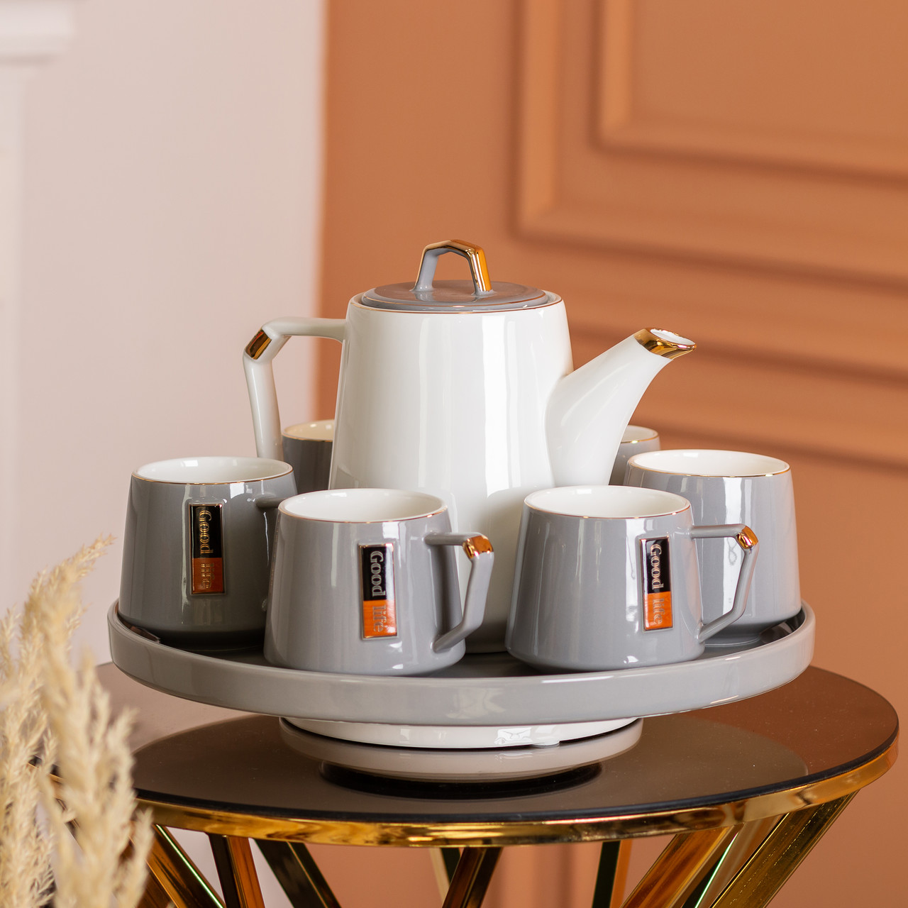 Чайний сервіз на 6 персон з керамічною підставкою, сірий.