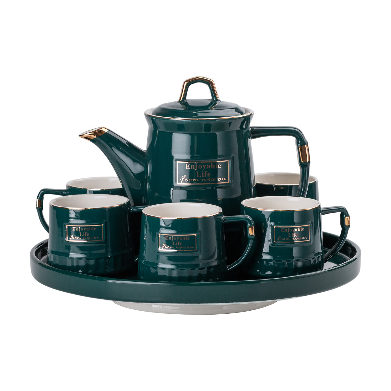 Керамічний чайний сервіз на 6 персон з чайником, чашками по 300 мл та тацею в елегантному кольорі