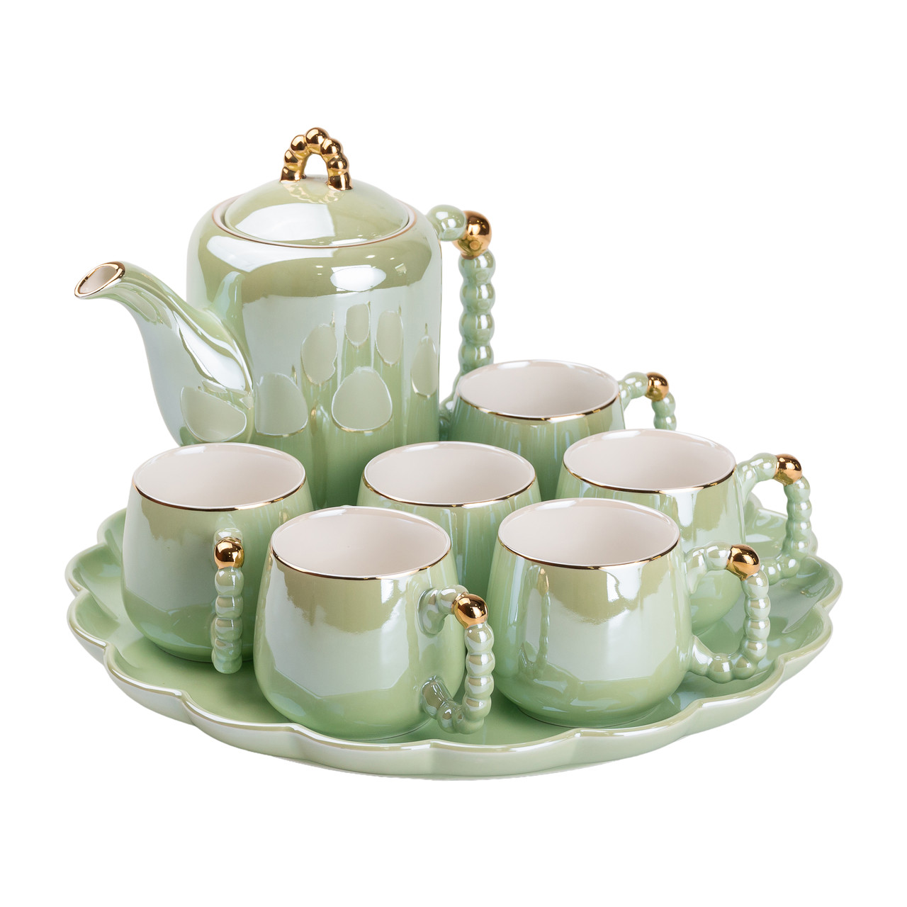 Чайний набір на 6 персон із заварювальним чайником, чайником-заварником та керамічною підставкою Зелений