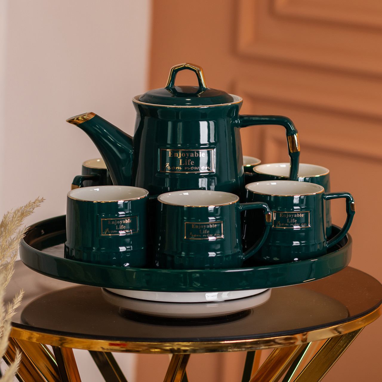 Чайний набір на 6 персон із заварювальним чайником, чайником-заварником та керамічною підставкою Зелений