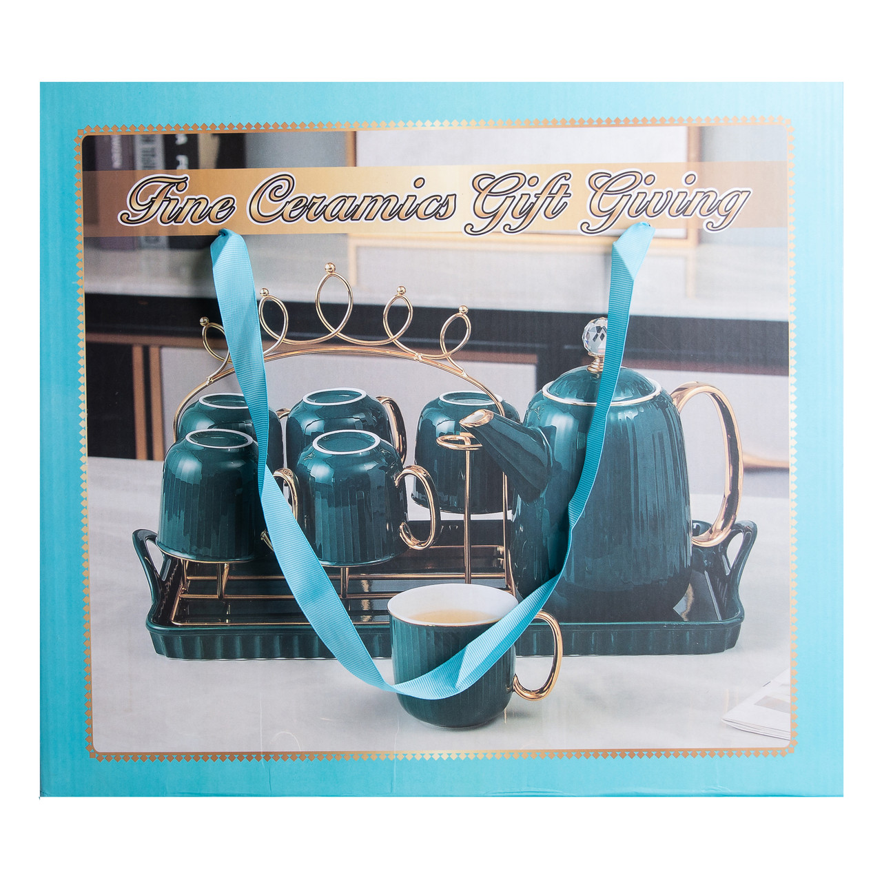 Чайний набір на 6 персон із заварювальним чайником, чайником-заварником та керамічною підставкою Зелений