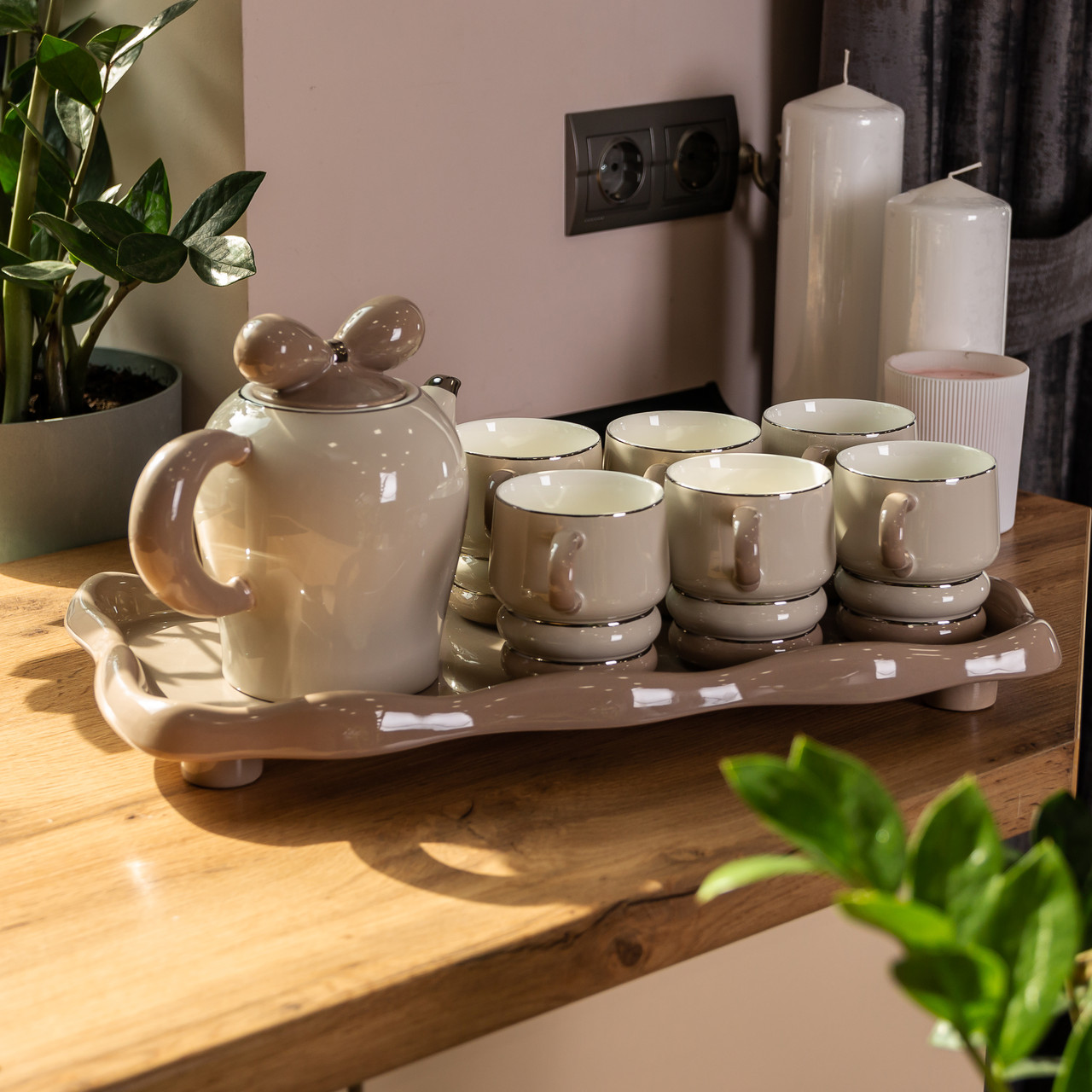 Чайний набір на 6 персон із керамічною підставкою, сірий