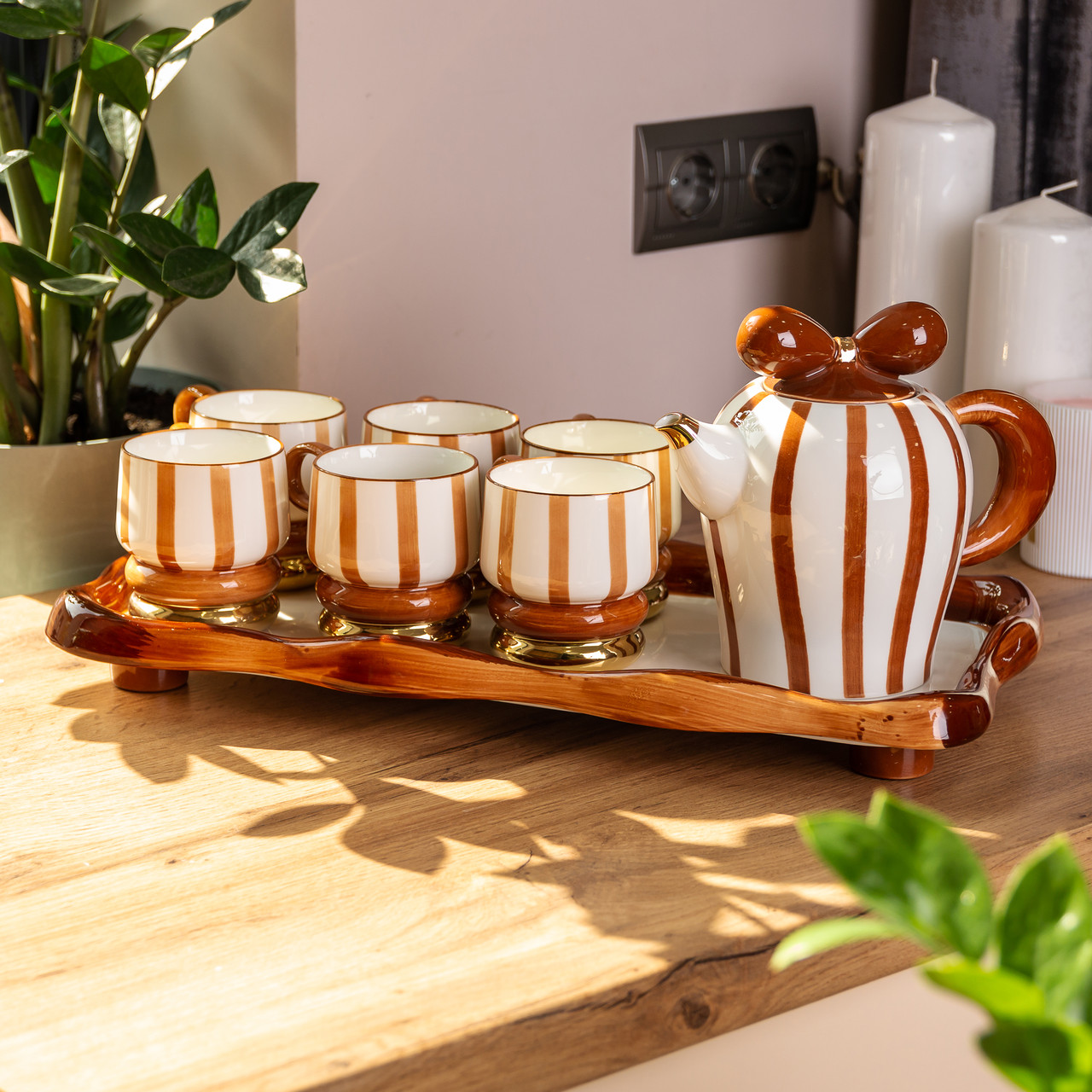 Чайний набір на 6 персон із керамічною підставкою, шоколад