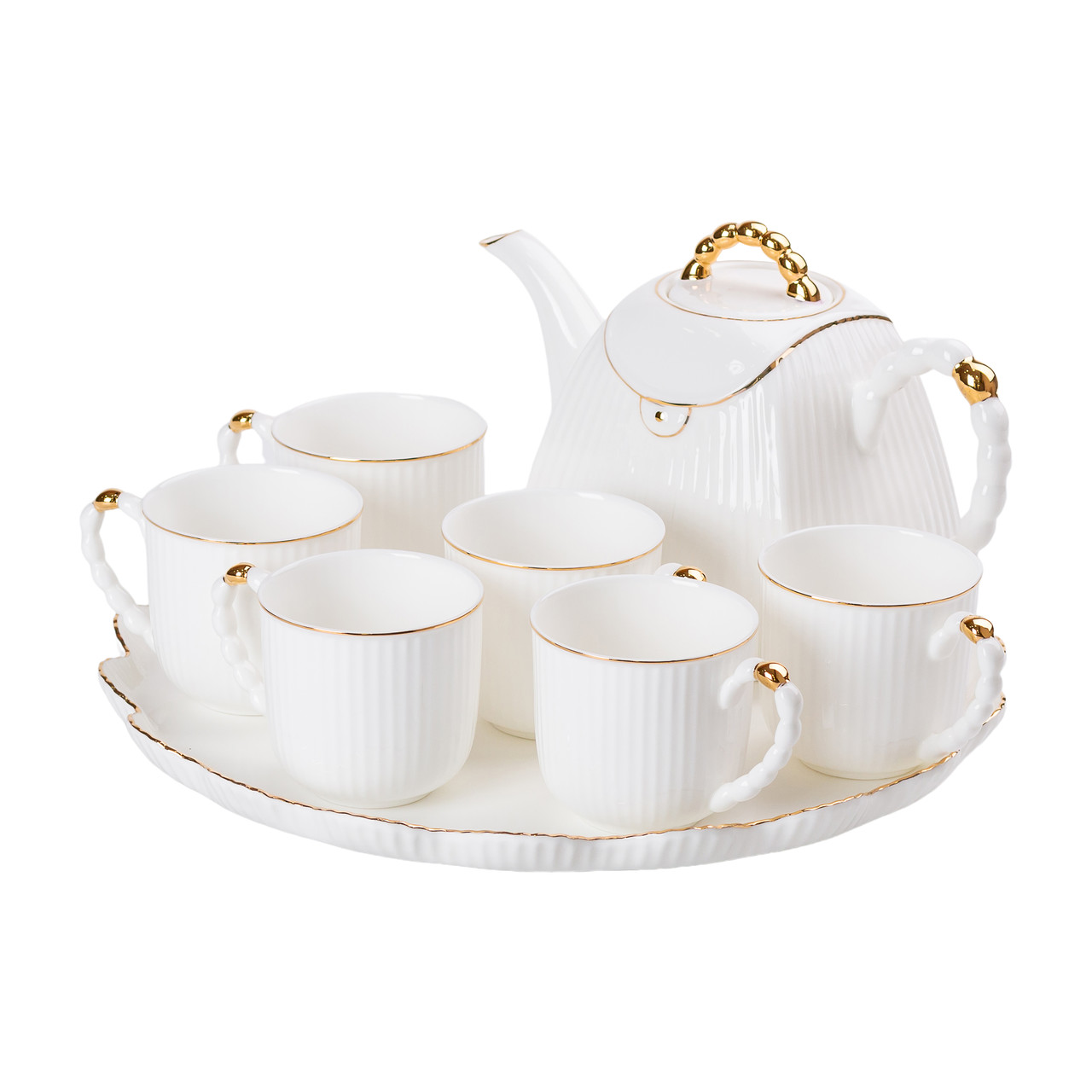 Білий порцеляновий чайний сервіз із золотим декором на 6 персон із чашками, чайником і тацею