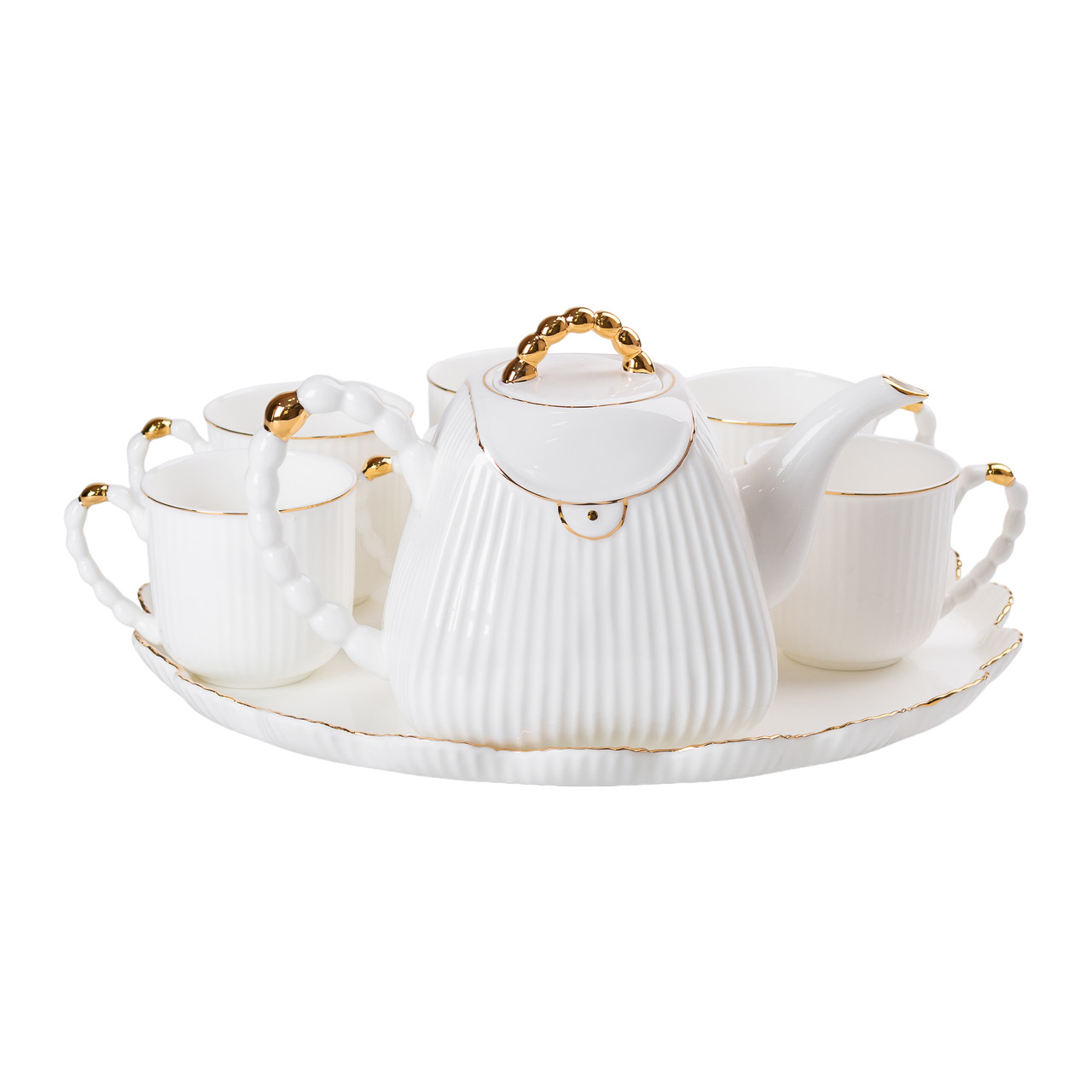Чайний набір на 6 персон, із заварювальним чайником і підставкою, білий.