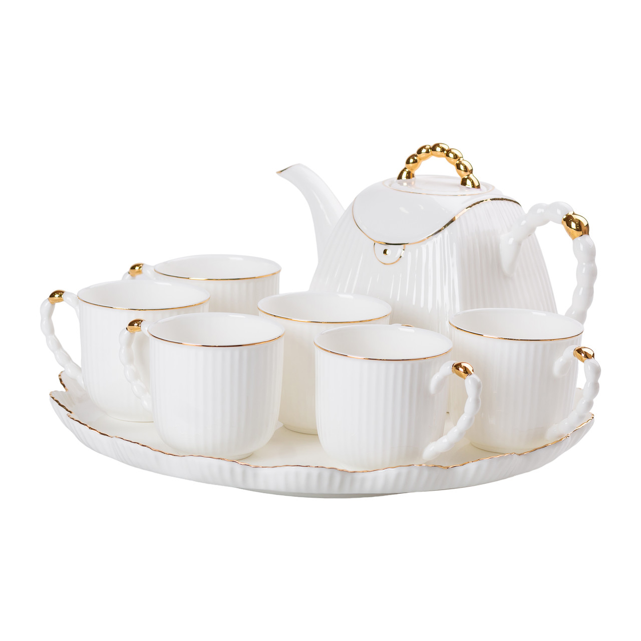 Чайний набір на 6 персон, із заварювальним чайником і підставкою, білий.