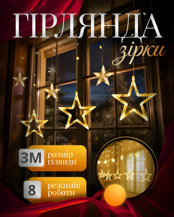 Електрична гірлянда Зірка штора 3 метри на вікно для фотозон жовта