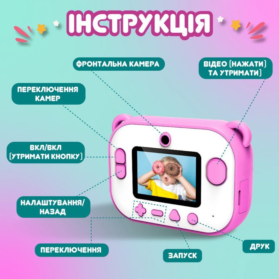 Фотоапарат дитячий камера миттєвого друку Фламінго Full HD Рожевий Full HD