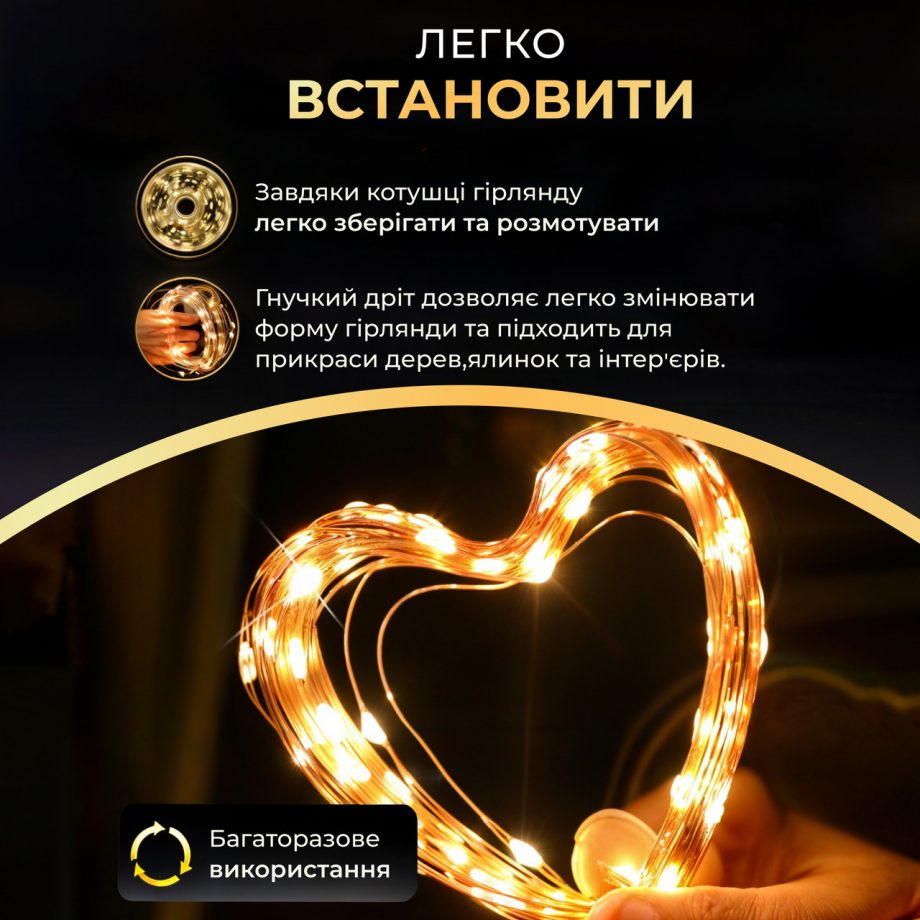Гірлянда роса 10 метрів USB на 100 led світлодіодів крапля на білому дроті жовта