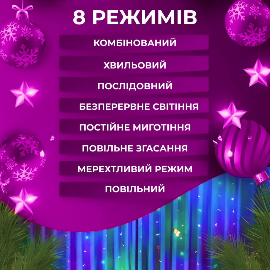 Гірлянда штора світлодіодна GarlandoPro 160LED 8 ліній 1,5х1,5 м гірлянда на штору