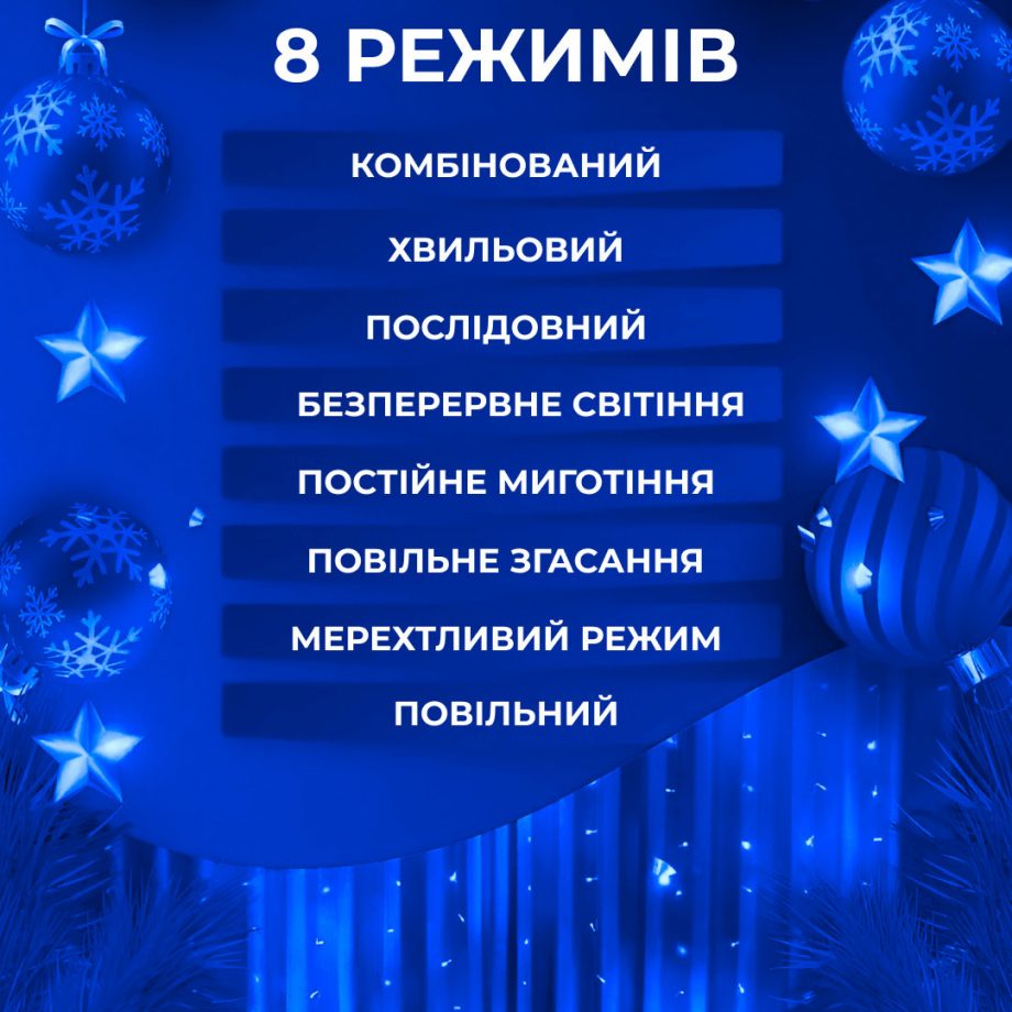 Гірлянда штора 3х2 м 144 LED світлодіодна мідний провід 16 ниток Синій