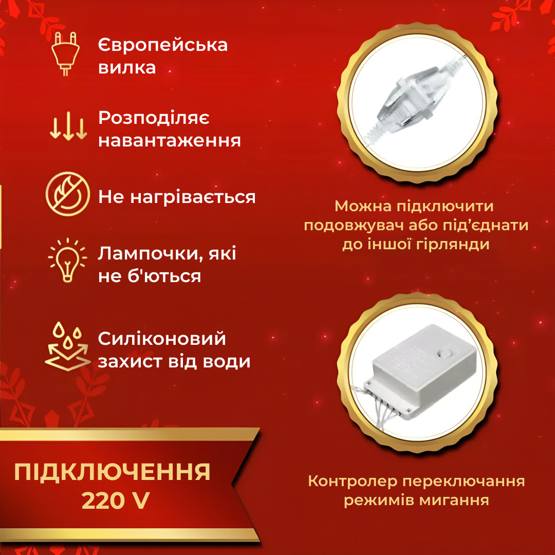 Гірлянда штора світлодіодна GarlandoPro Роса 200LED 3х2м 10 ліній 8 режимів гірлянда крапля роси Жовтий