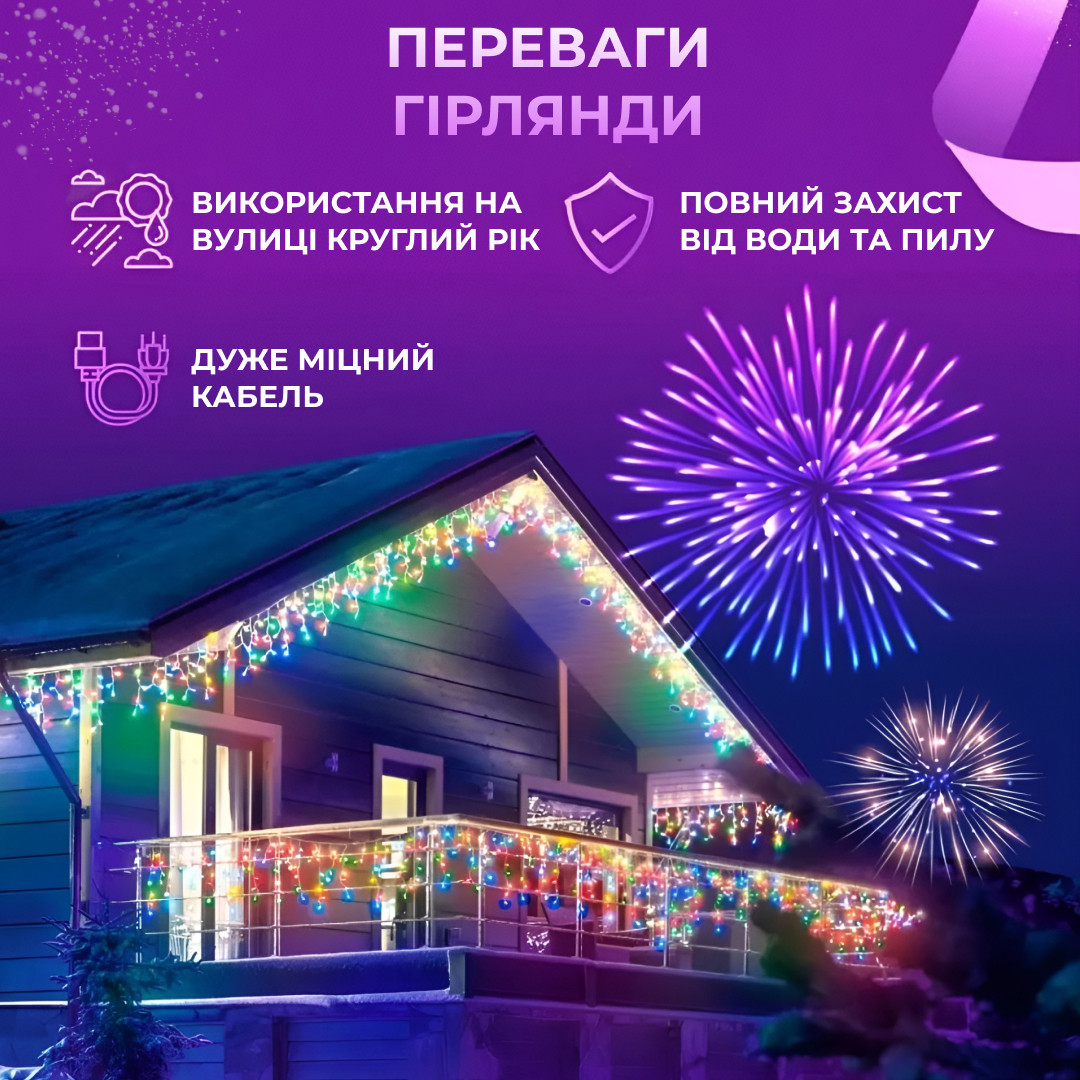 Гірлянда вулична світлодіодна 90 LED 3 метри білий дріт бахрома 18 ниток