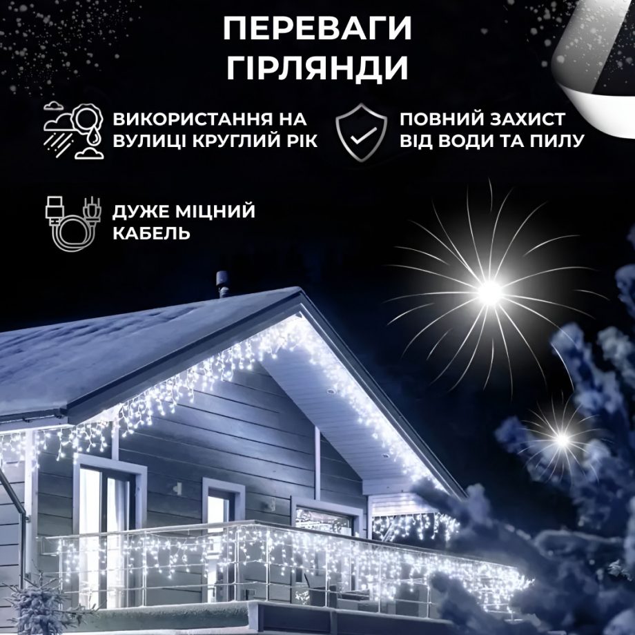 Гірлянда вулична світлодіодна 90 LED 3 метри білий дріт бахрома 18 ниток Білий