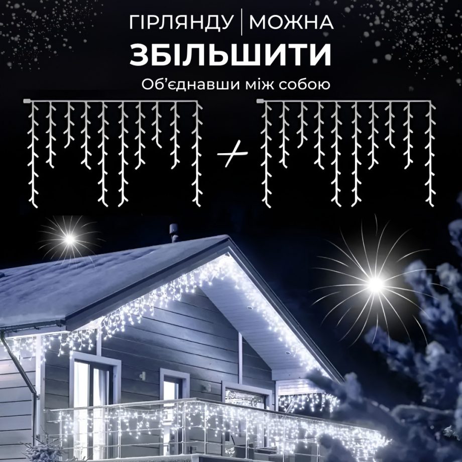Гірлянда вулична світлодіодна 90 LED 3 метри білий дріт бахрома 18 ниток Білий