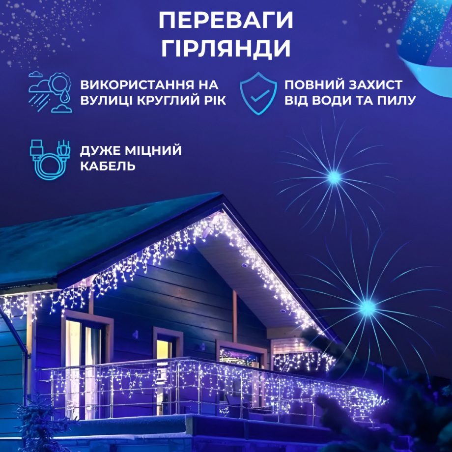 Гірлянда вулична світлодіодна 90 LED 3 метри білий дріт бахрома 18 ниток Синій