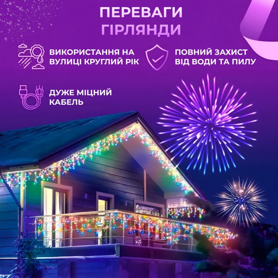 Гірлянда вулична світлодіодна 135 LED 6 метрів білий дріт бахрома 27 ниток Мультиколор