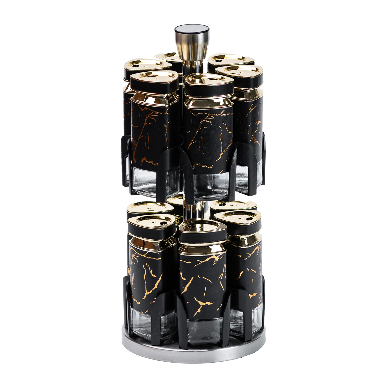 Набір для спецій на підставці 12 баночок по 120 мл, чорний мармур