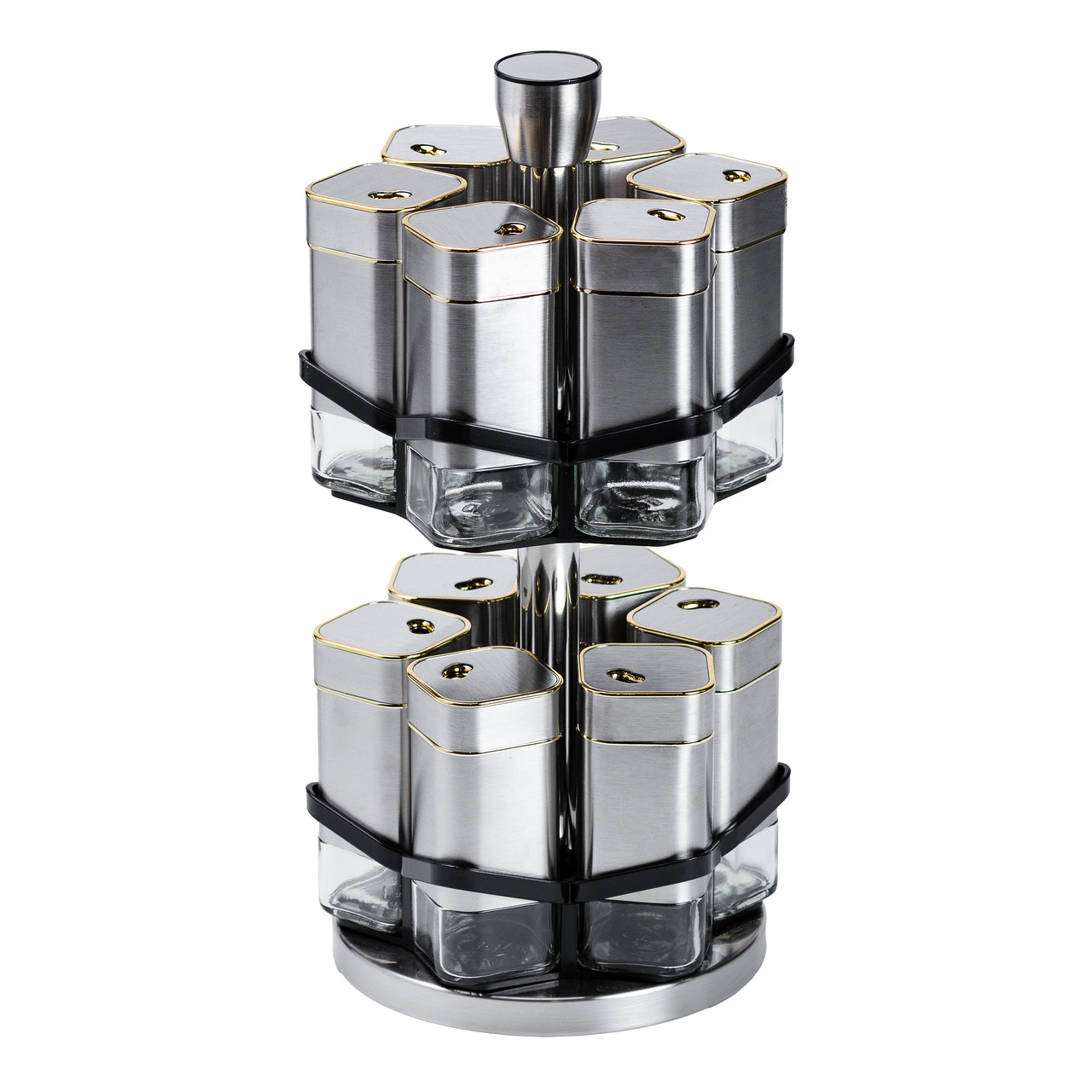Набір для спецій на підставці 12 баночок по 120 мл, хром із золотом