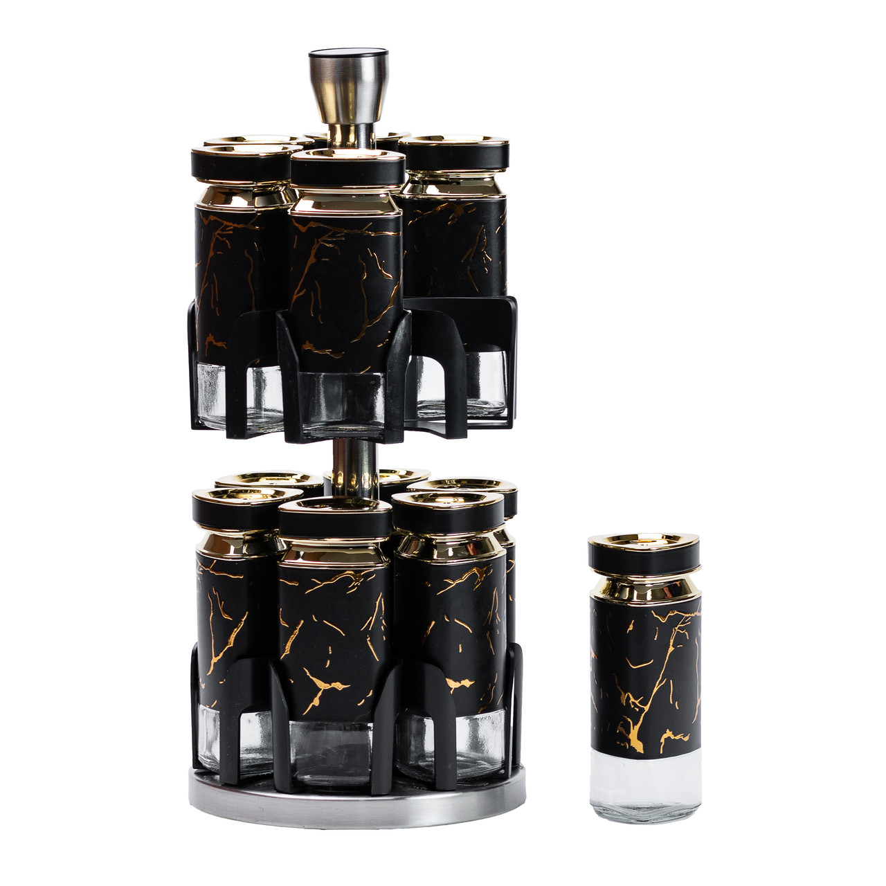 Набір для спецій на підставці 12 баночок по 120 мл, чорний мармур