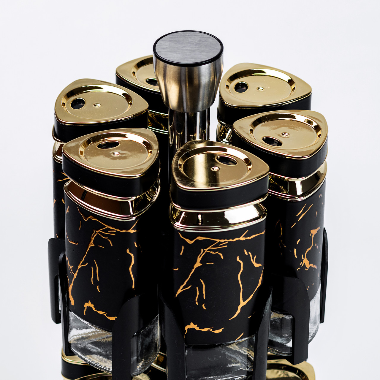 Набір для спецій на підставці 12 баночок по 120 мл, чорний мармур