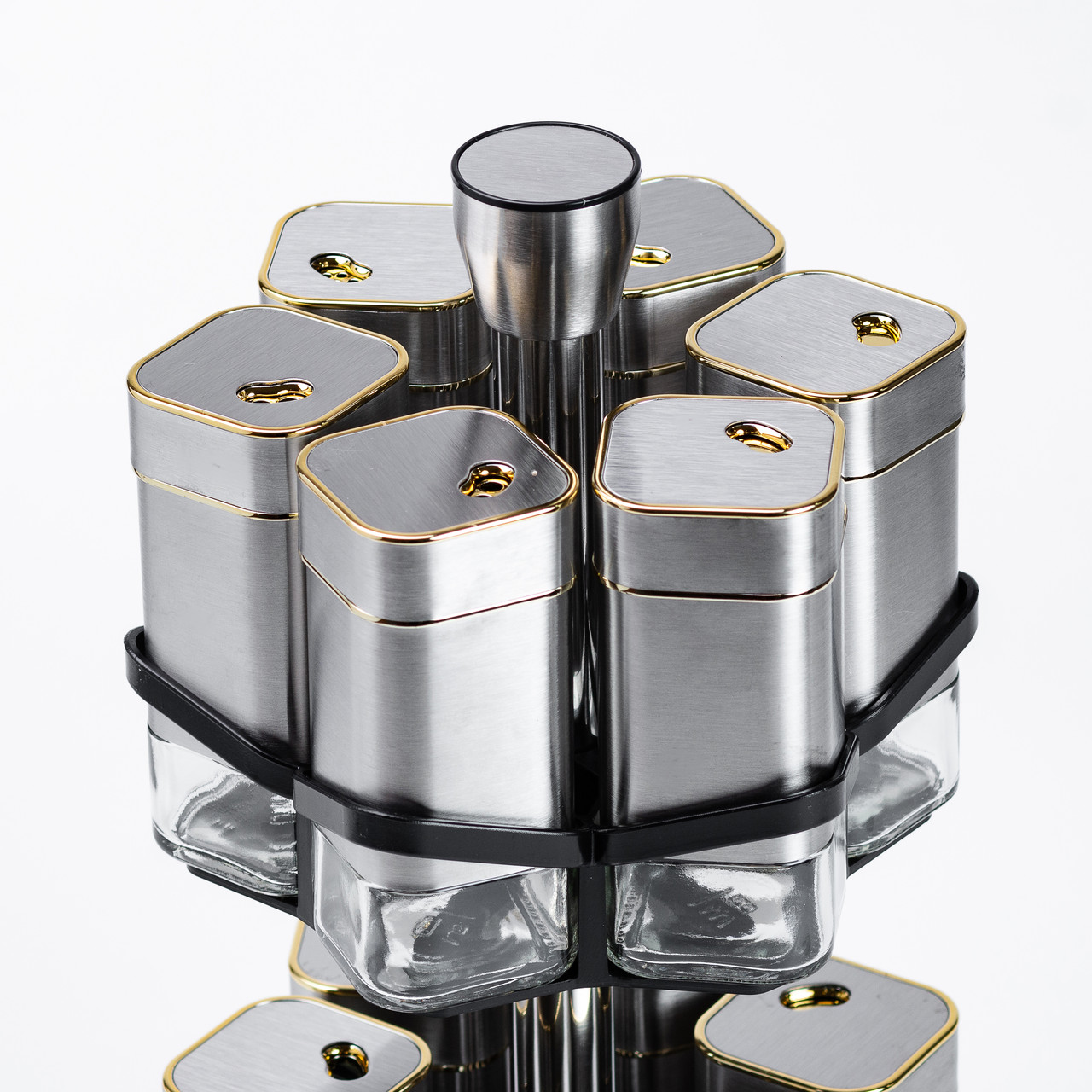 Набір для спецій на підставці 12 баночок по 120 мл, хром із золотом