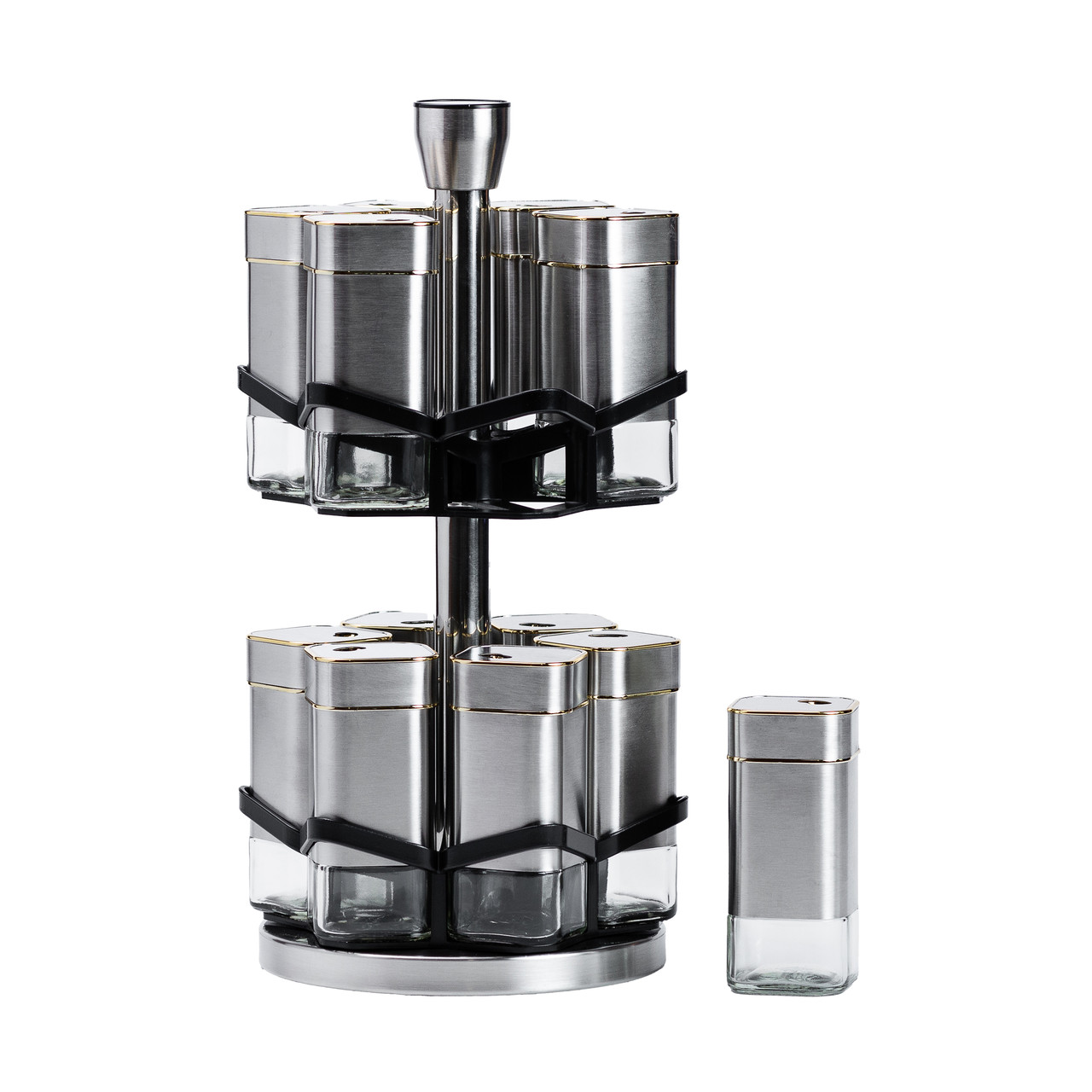 Набір для спецій на підставці 12 баночок по 120 мл, хром із золотом