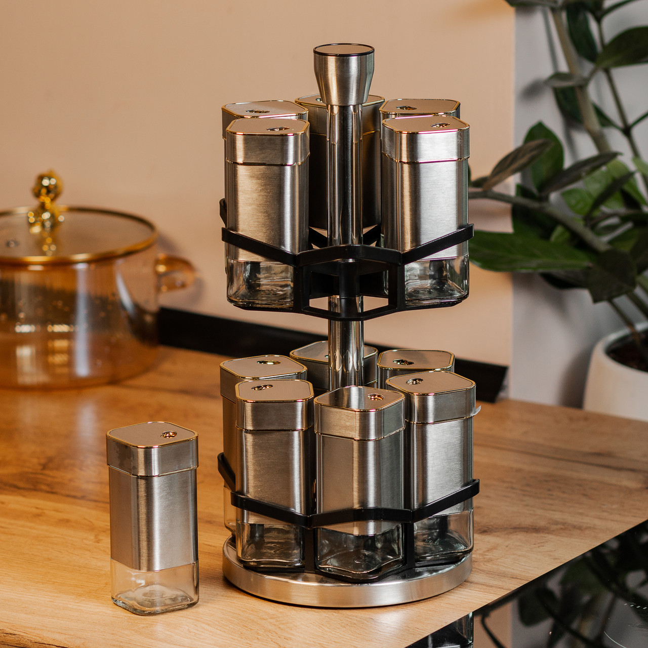 Набір для спецій на підставці 12 баночок по 120 мл, хром із золотом