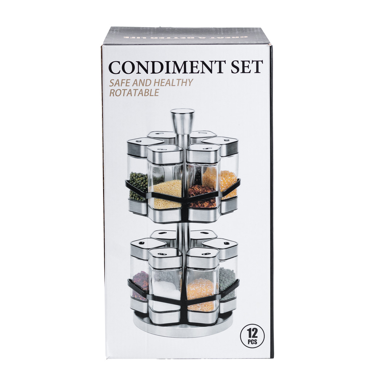 Набір для спецій на підставці 12 баночок по 120 мл, хром із золотом