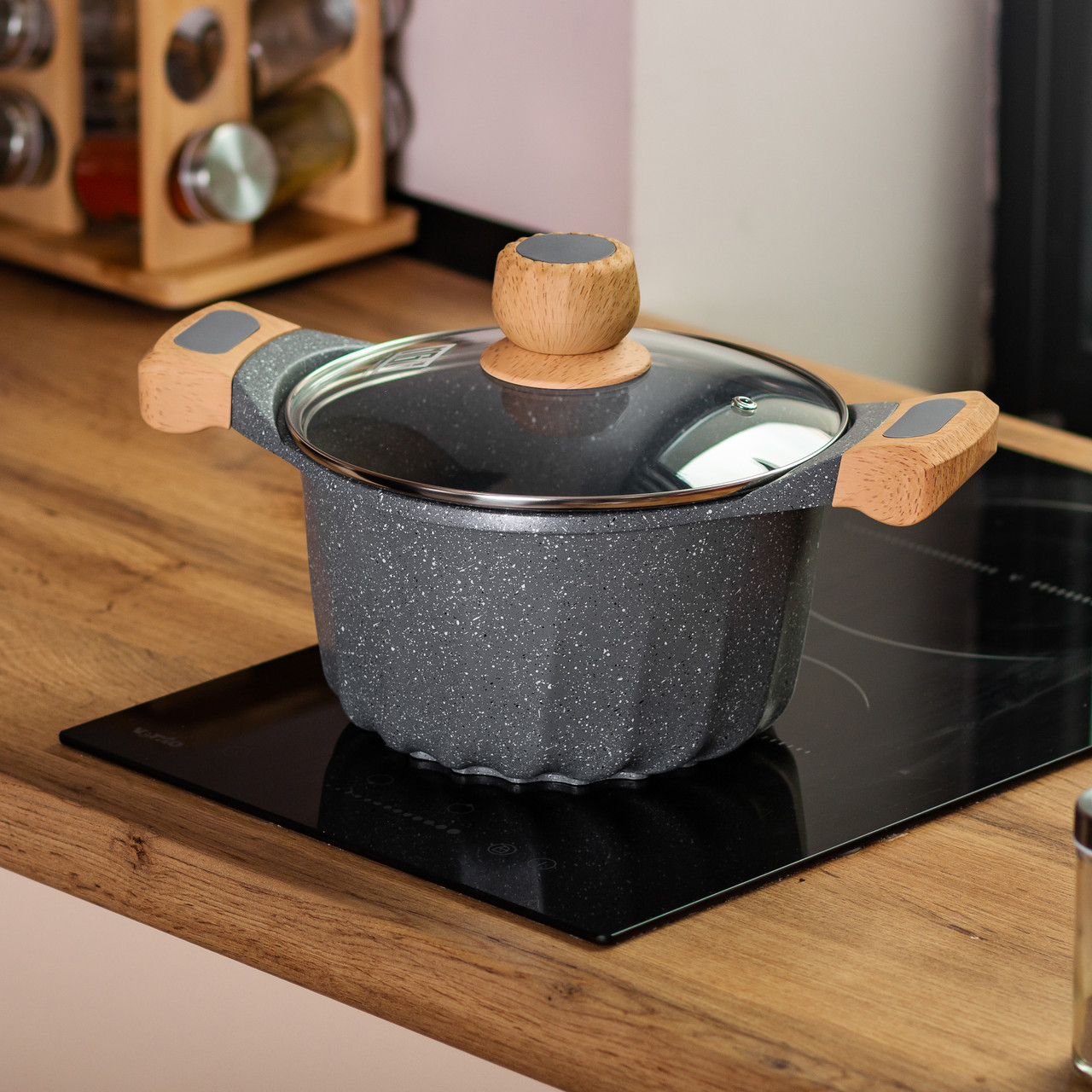 Алюмінієва каструля об'ємом 3 літри з кришкою Ø 20 см. Мармур з антипригарним покриттям MGC сірий