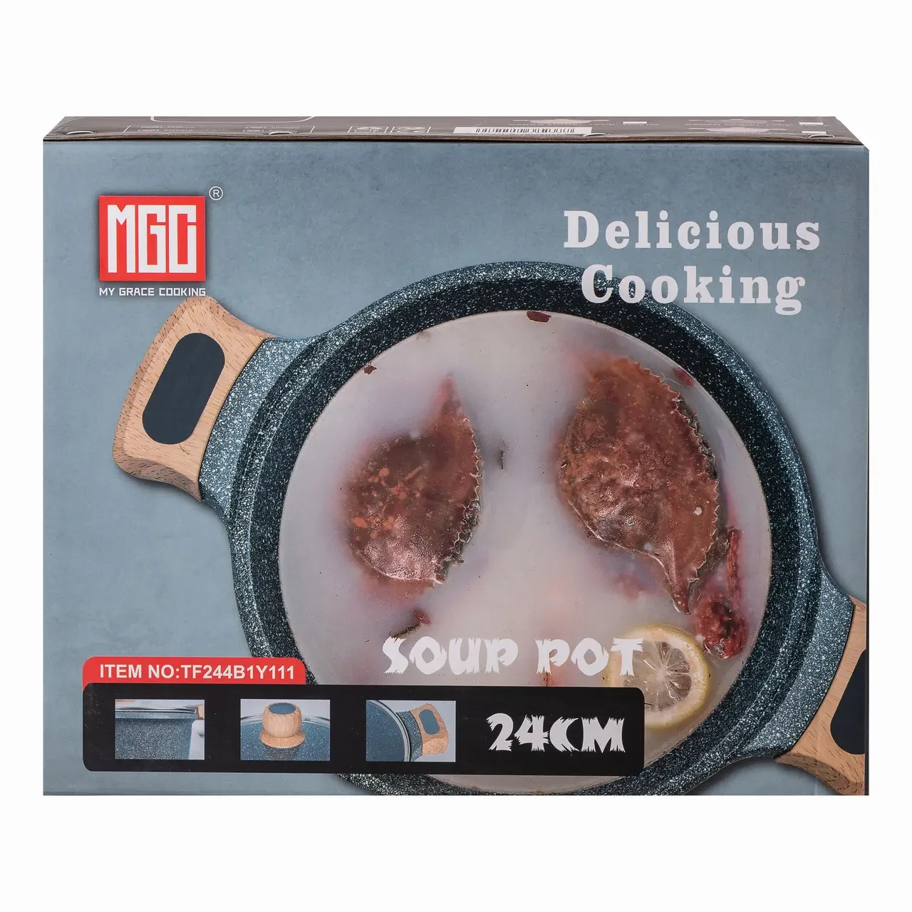 Алюмінієва каструля об'ємом 5 літрів з кришкою Ø 24 см з мармуровим антипригарним покриттям MGC чорна