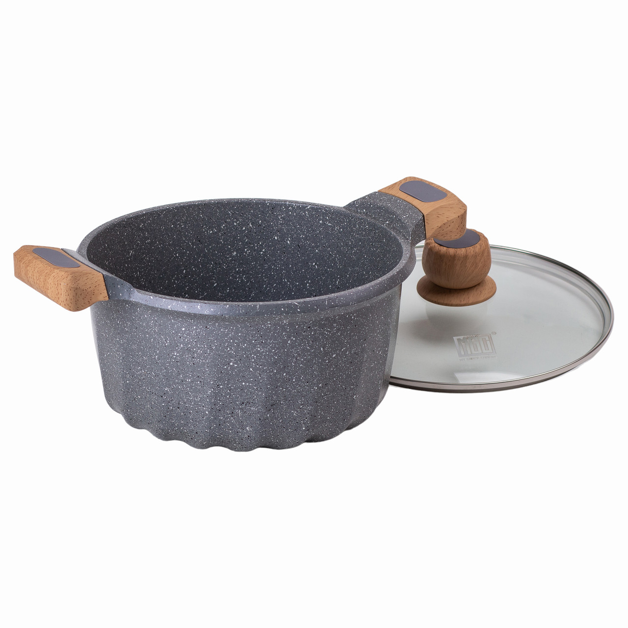 Алюмінієва каструля об'ємом 5 літрів з кришкою Ø 24 см з мармуровим антипригарним покриттям MGC сіра