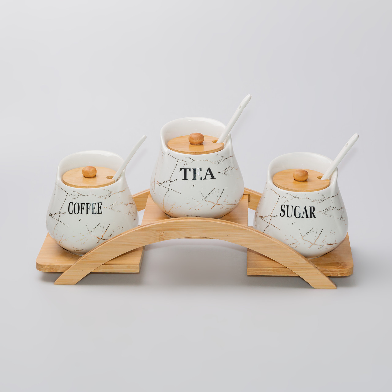 Набір із трьох керамічних банок для чаю, кави та цукру з дерев’яною підставкою