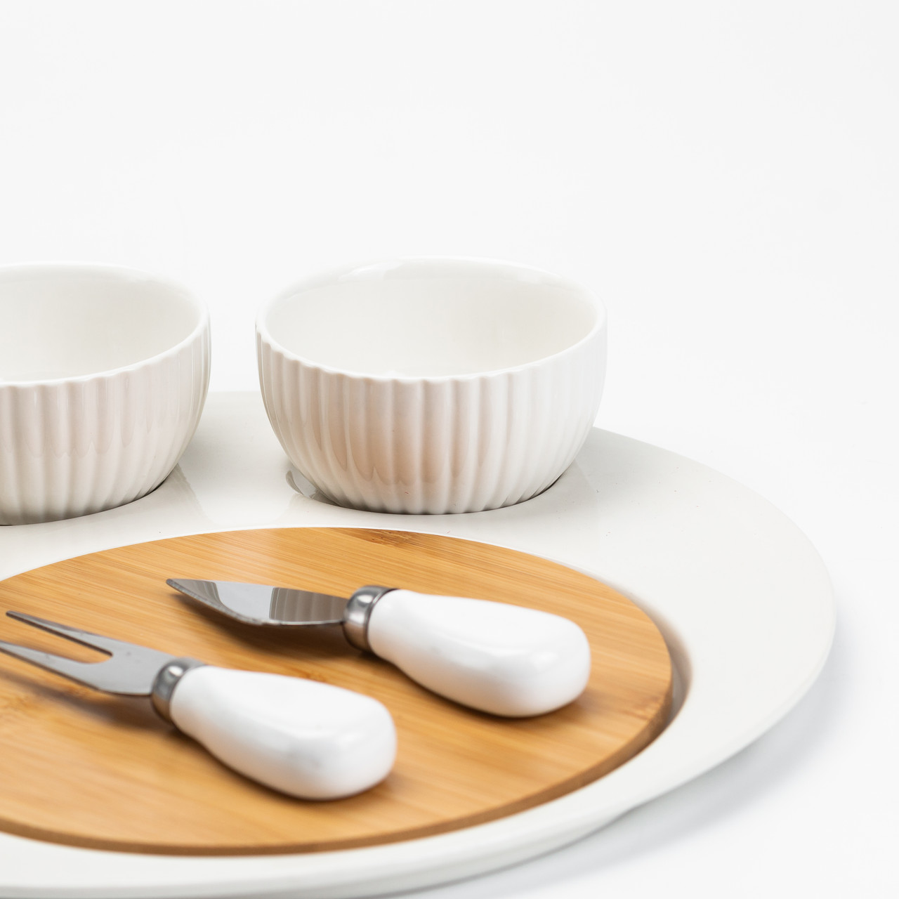 Набір для нарізки сиру Ø 29 см Керамічна тарілка, ніж, вилка, 3 миски, дерев'яна дошка