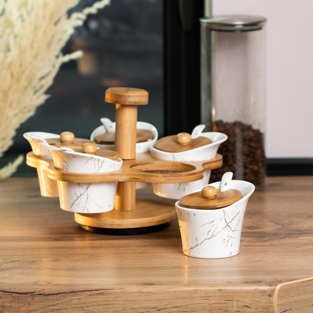 Набір для сипучих продуктів 5 банок по 120 на бамбуковій підставці білий