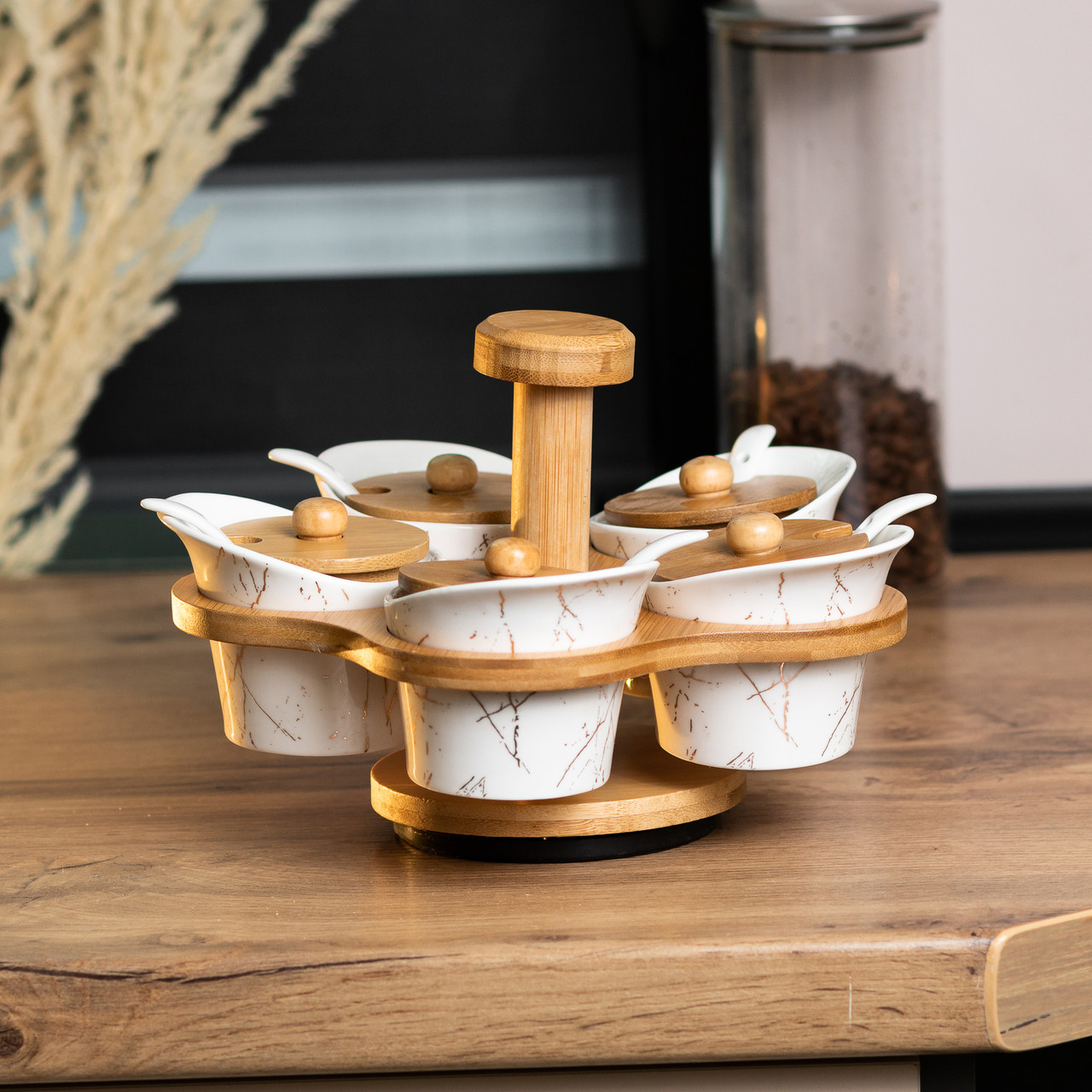 Набір для сипучих продуктів 5 банок по 120 на бамбуковій підставці білий