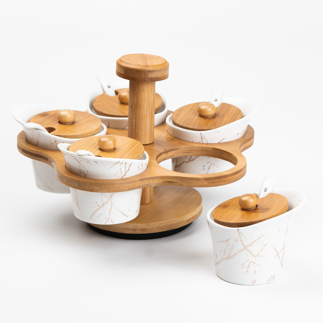 Набір для сипучих продуктів 5 банок по 120 на бамбуковій підставці білий