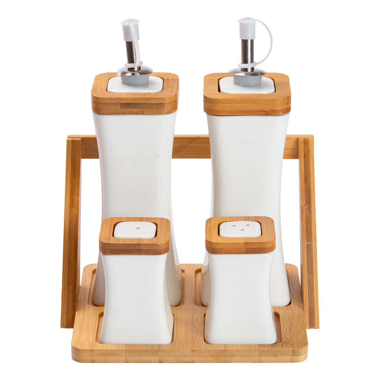 Керамічний набір для спецій з пляшками, баночками та дерев’яною підставкою для кухні