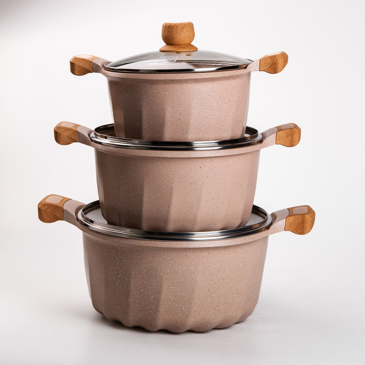 Набір із трьох каструль та сковорідок з кришками 24, 28, 32 см, товстодонне алюмінієве дно MGC