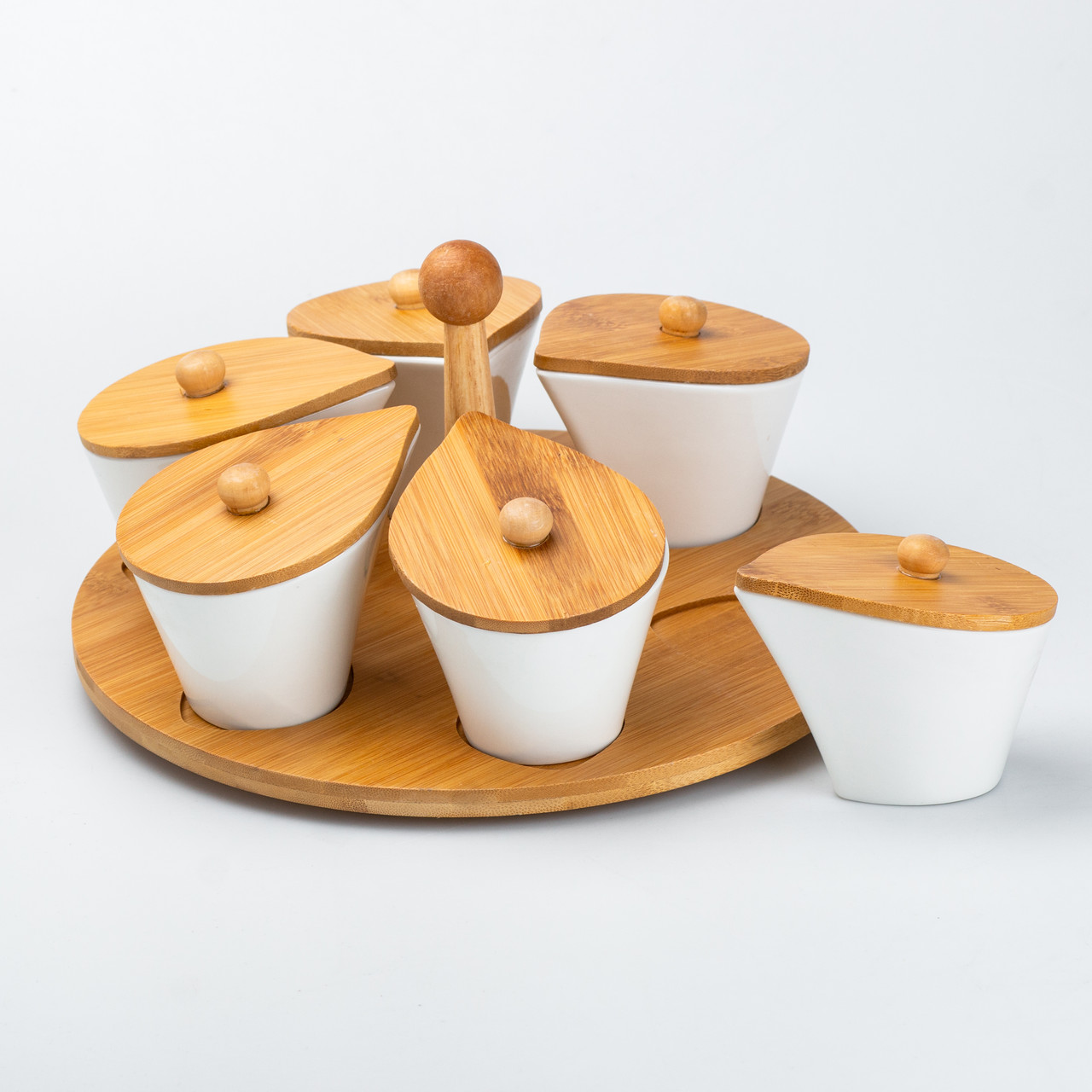 Набір керамічних баночок для сипучих продуктів 6 штук по 100 мл на бамбуковій підставці