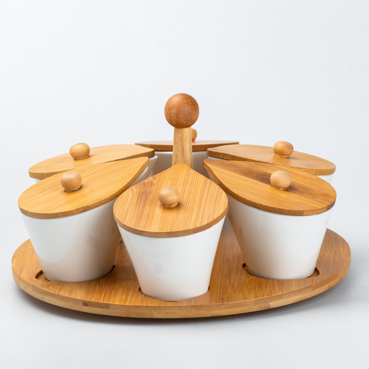 Набір керамічних баночок для сипучих продуктів 6 штук по 100 мл на бамбуковій підставці