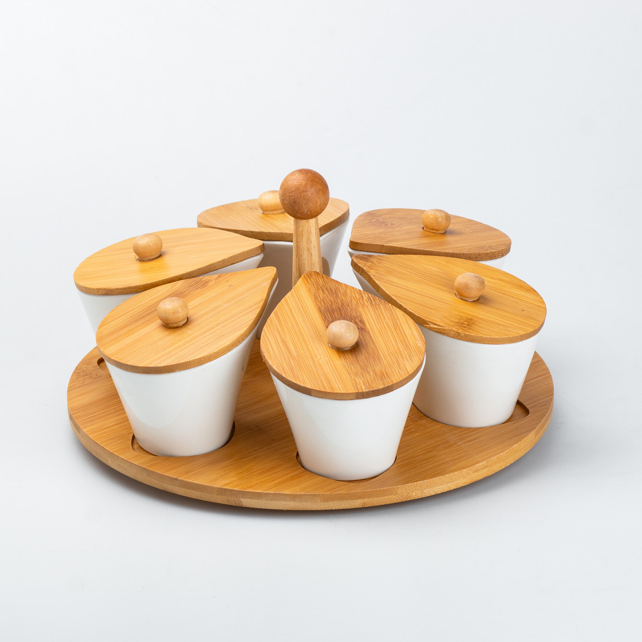 Набір керамічних баночок для сипучих продуктів 6 штук по 100 мл на бамбуковій підставці