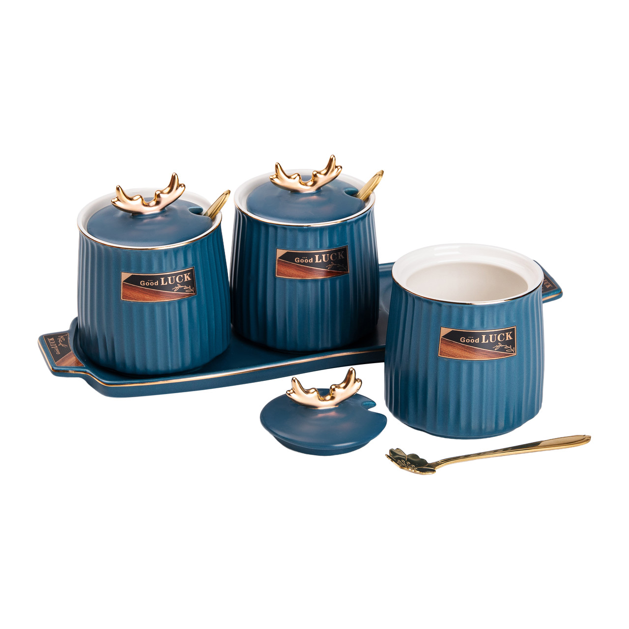 Набір банок з підставкою для сипучих продуктів, 400 мл, сині.