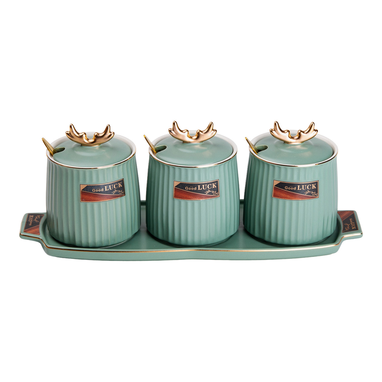 Набір керамічних баночок на підставці з ложечками для спецій і сипучих продуктів