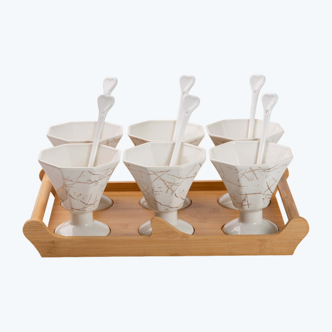 Набір з 6 білих креманок з ложками та дерев’яною підставкою для десертів