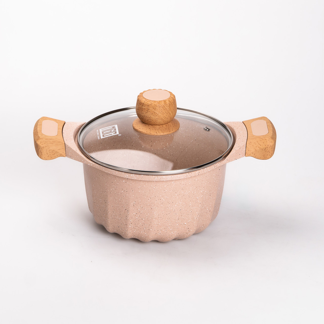 Набір посуду, 3 каструлі, сковорода, алюмінієва товстодонна MGC з лопаткою та ополоником, бежевий.