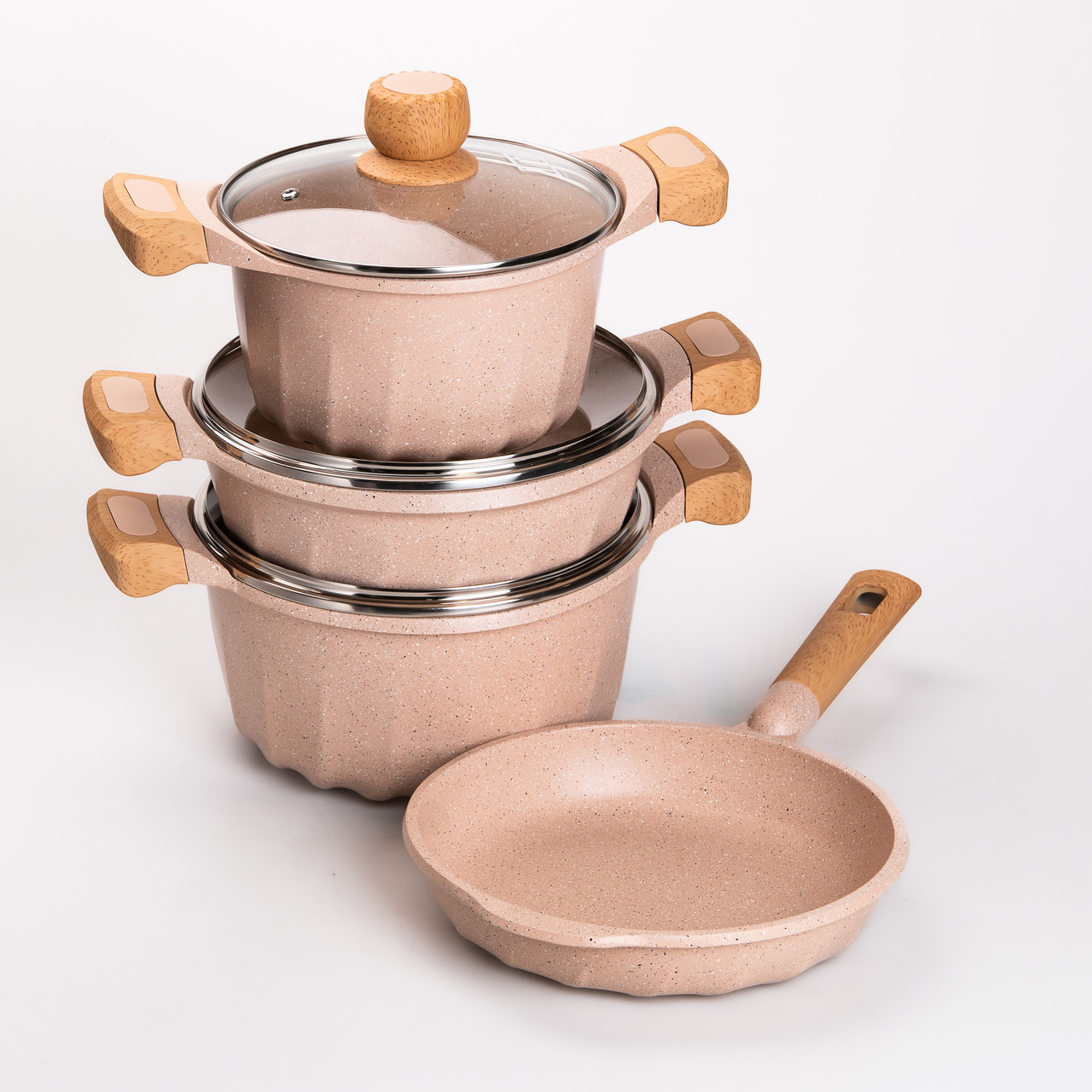 Набір посуду, 3 каструлі, сковорода, алюмінієва товстодонна MGC з лопаткою та ополоником, бежевий.