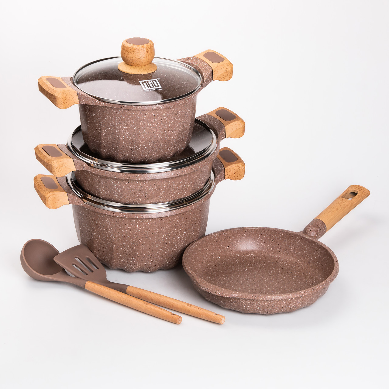 Кавовий набір кухонного посуду з антипригарним мармуровим покриттям і скляними кришками