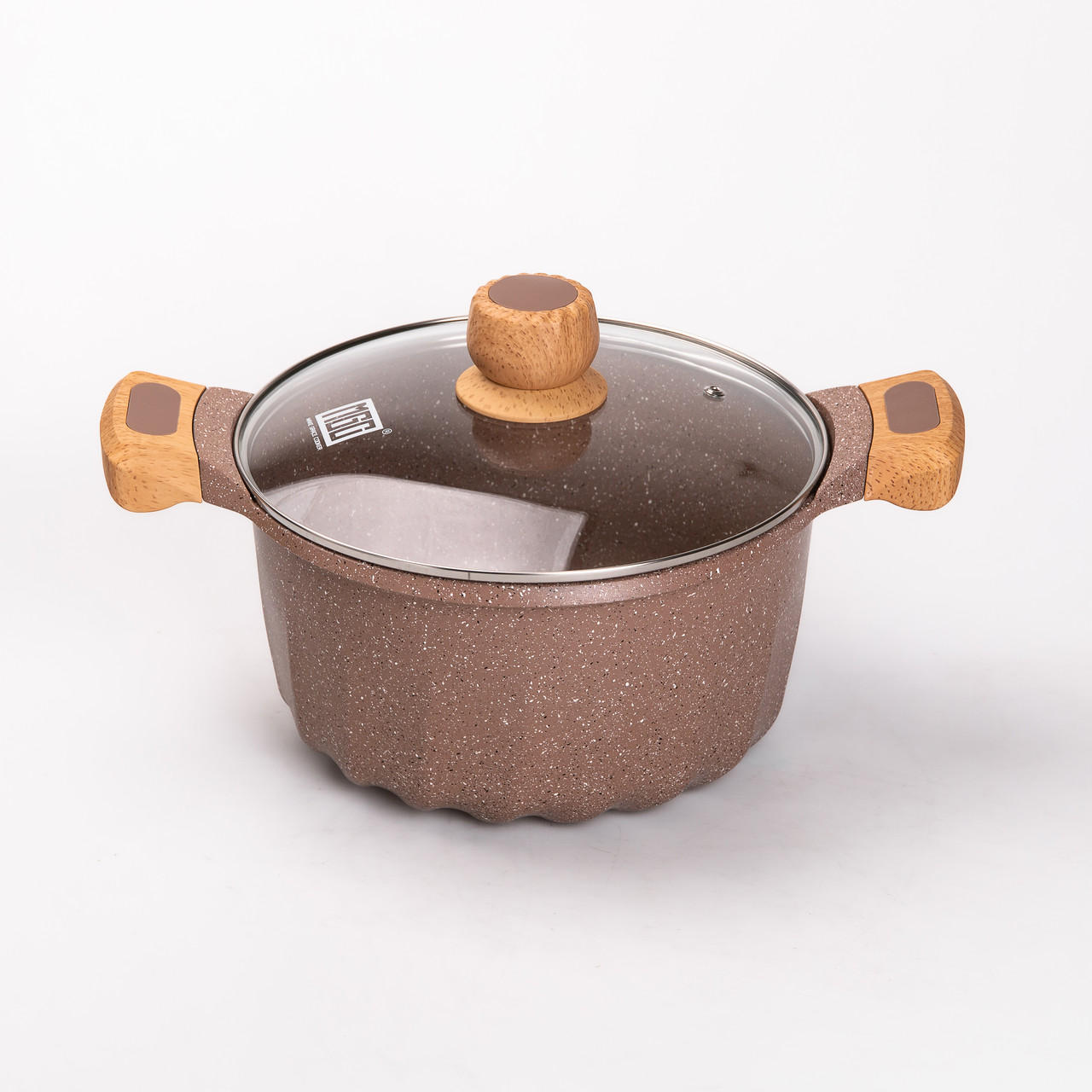 Набір посуду, 3 каструлі, товстодонне алюмінієве дно MGC з лопаткою та ополоником, кавовий.